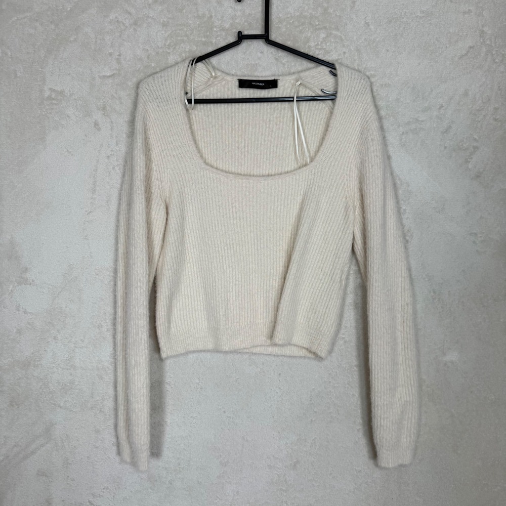 Hallhuber Cream Merino Wool Blend Square Neck Ribbed Fuzzy Sweater Womens L Cozy